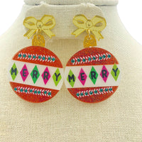 Merry Christmas Round Ornament Glitter Acrylic Earrings - (1.5x2.25in)