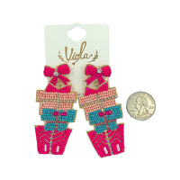 Stacked Christmas Present Boxes Seed Bead Earrings - 2 Colors, Beaded (1.25x3in)