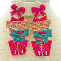Stacked Christmas Present Boxes Seed Bead Earrings - 2 Colors, Beaded (1.25x3in)
