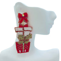 Stacked Christmas Present Boxes Seed Bead Earrings - 2 Colors, Beaded (1.25x3in)