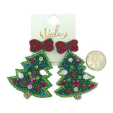 Green or Pink Christmas Tree Crystal Seed Bead Earrings - Beaded (2x2.5in)