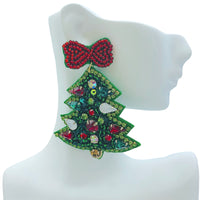 Green or Pink Christmas Tree Crystal Seed Bead Earrings - Beaded (2x2.5in)
