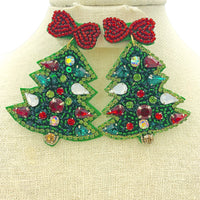 Green or Pink Christmas Tree Crystal Seed Bead Earrings - Beaded (2x2.5in)