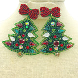 Green or Pink Christmas Tree Crystal Seed Bead Earrings - Beaded (2x2.5in)