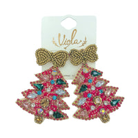 Green or Pink Christmas Tree Crystal Seed Bead Earrings - Beaded (2x2.5in)