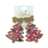 Green or Pink Christmas Tree Crystal Seed Bead Earrings - Beaded (2x2.5in)