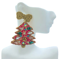 Green or Pink Christmas Tree Crystal Seed Bead Earrings - Beaded (2x2.5in)