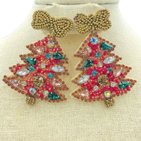 Green or Pink Christmas Tree Crystal Seed Bead Earrings - Beaded (2x2.5in)