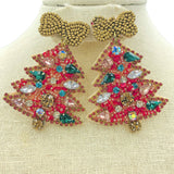 Green or Pink Christmas Tree Crystal Seed Bead Earrings - Beaded (2x2.5in)