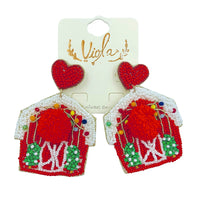 Christmas Themed Red Barn Heart Seed Bead Earrings - Beaded (1.75x2.5in)