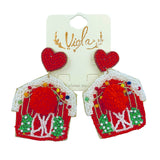 Christmas Themed Red Barn Heart Seed Bead Earrings - Beaded (1.75x2.5in)