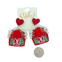 Christmas Themed Red Barn Heart Seed Bead Earrings - Beaded (1.75x2.5in)