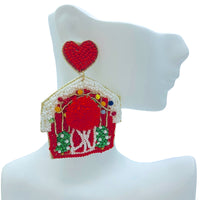 Christmas Themed Red Barn Heart Seed Bead Earrings - Beaded (1.75x2.5in)
