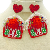Christmas Themed Red Barn Heart Seed Bead Earrings - Beaded (1.75x2.5in)