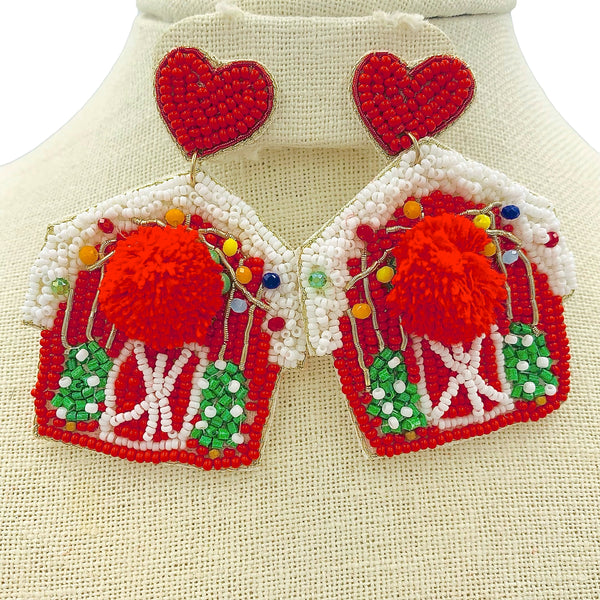 Christmas Themed Red Barn Heart Seed Bead Earrings - Beaded (1.75x2.5in)