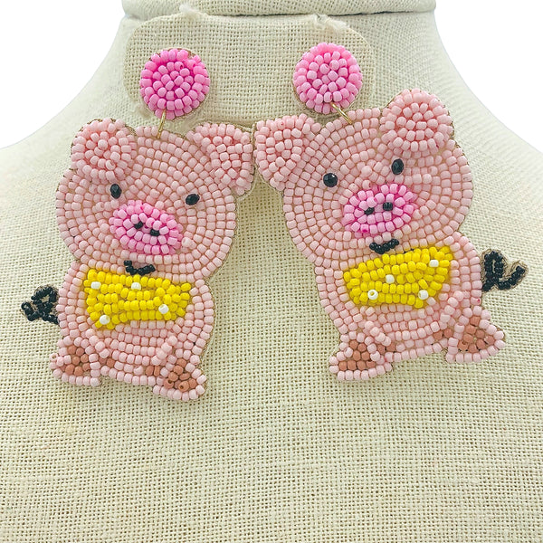Pig Seed Bead Earrings - Beaded (1.5x2.75in)