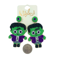 Little Green Monster Frankenstein Beaded Earrings (1.75x3in)