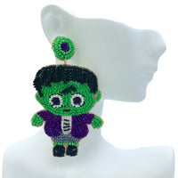 Little Green Monster Frankenstein Beaded Earrings (1.75x3in)