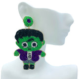 Little Green Monster Frankenstein Beaded Earrings (1.75x3in)