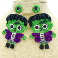 Little Green Monster Frankenstein Beaded Earrings (1.75x3in)