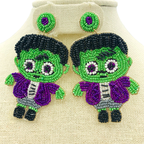 Little Green Monster Frankenstein Beaded Earrings (1.75x3in)