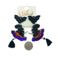 Witch Hat & Bat Tassel Broom Beaded Earrings Halloween (2x3.5in)