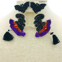 Witch Hat & Bat Tassel Broom Beaded Earrings Halloween (2x3.5in)