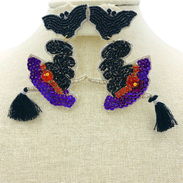 Witch Hat & Bat Tassel Broom Beaded Earrings Halloween (2x3.5in)