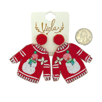 Snowman Ugly Sweater Christmas Seed Bead Earrings - Beaded (2.5x2.5)