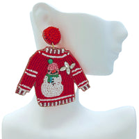 Snowman Ugly Sweater Christmas Seed Bead Earrings - Beaded (2.5x2.5)