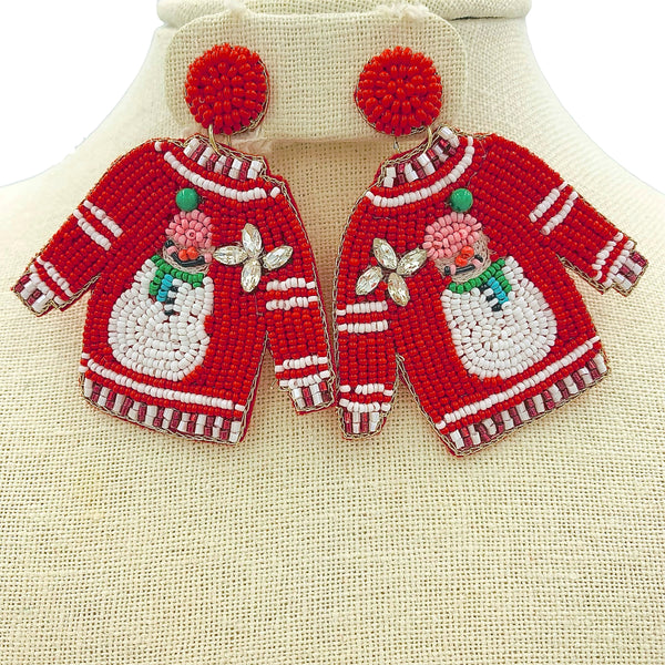 Snowman Ugly Sweater Christmas Seed Bead Earrings - Beaded (2.5x2.5)