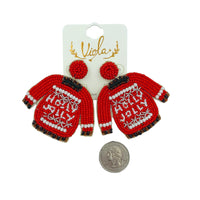 Holly Jolly Ugly Sweater Christmas Seed Bead Earrings - Beaded (2.5x2.5)