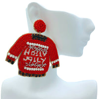Holly Jolly Ugly Sweater Christmas Seed Bead Earrings - Beaded (2.5x2.5)
