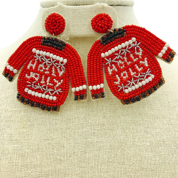 Holly Jolly Ugly Sweater Christmas Seed Bead Earrings - Beaded (2.5x2.5)