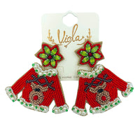 Christmas Ugly Sweater Reindeer Pearl Seed Bead Earrings - Beaded (2.25x2.5)