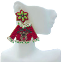 Christmas Ugly Sweater Reindeer Pearl Seed Bead Earrings - Beaded (2.25x2.5)