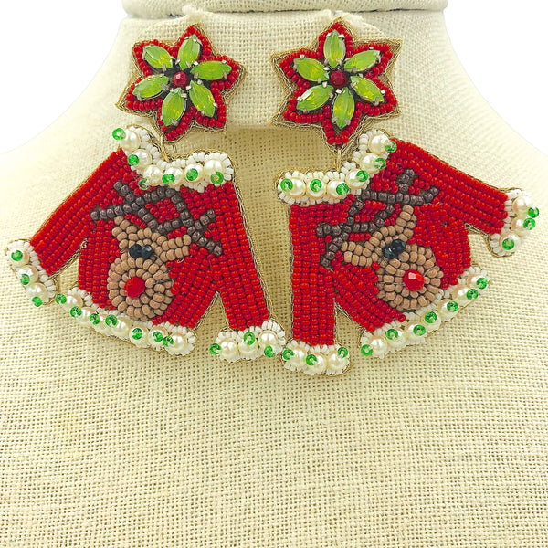 Christmas Ugly Sweater Reindeer Pearl Seed Bead Earrings - Beaded (2.25x2.5)