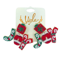 Christmas Themed Joy Present Box Seed Bead Earrings - Beaded (2x1.75)