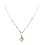 Paperclip Mother of Pearl Clover Pendant Necklace in Silver or Gold (16 + 2.5in)