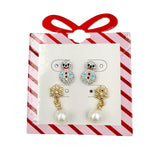 Snowman & Dangling Snowflake Pearl 2 Pair Earring Set