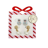 Snowman & Dangling Snowflake Pearl 2 Pair Earring Set