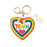 Beaded Rainbow Heart Teacher Themed Keychain (3X4.5in)