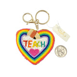 Beaded Rainbow Heart Teacher Themed Keychain (3X4.5in)