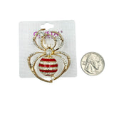 Gold Plated Red Striped Rhinestone Pin Brooch (2.5x2.25in)