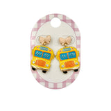 School Bus & Bow Enamel Colored Post  Dangle Earrings (1x1.25in)