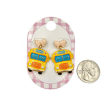 School Bus & Bow Enamel Colored Post  Dangle Earrings (1x1.25in)