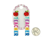 Glitter Apple & Teacher Acrylic School Themed Earrings (0.5x3in)