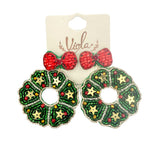 Christmas Red Bow Wreath Beaded Earrings (2x2.5in)
