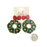 Christmas Red Bow Wreath Beaded Earrings (2x2.5in)