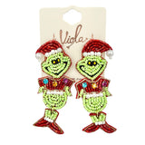 Christmas Grinch Beaded Earrings (1.25 x 2.75 in)